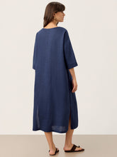 Load image into Gallery viewer, 100% Linen Notch Neck Inverted Pleat Maxi Dress MATILDE
