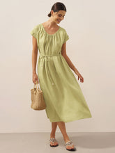 Load image into Gallery viewer, 100% Linen Pleated Crew Neck Maxi Dress with Detachable Tie Straps MIRA

