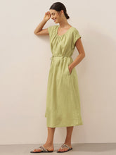 Load image into Gallery viewer, 100% Linen Pleated Crew Neck Maxi Dress with Detachable Tie Straps MIRA
