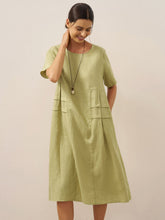 Load image into Gallery viewer, 100% Linen Pleated Crew Neck Midi Dress MILA
