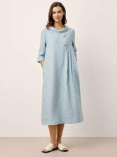 Load image into Gallery viewer, 100% Linen Rolled Collar Asymmetric Button Maxi Dress ELARAINE
