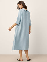 Load image into Gallery viewer, 100% Linen Rolled Collar Asymmetric Button Maxi Dress ELARAINE
