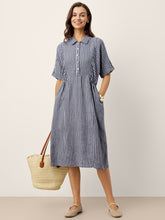Load image into Gallery viewer, 100% Linen Striped Buttoned Front Short Sleeve Midi Shirt Dress CASSANDRA
