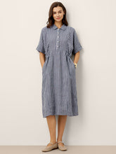 Load image into Gallery viewer, 100% Linen Striped Buttoned Front Short Sleeve Midi Shirt Dress CASSANDRA
