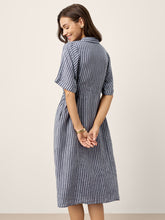 Load image into Gallery viewer, 100% Linen Striped Buttoned Front Short Sleeve Midi Shirt Dress CASSANDRA
