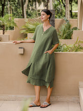 Load image into Gallery viewer, 100% Linen V-Neck Double-Layer Midi Dress JAYDA
