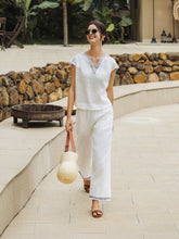 Load image into Gallery viewer, 100% Linen Embroidered Elastic Waist Pants FENE
