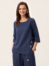 Load image into Gallery viewer, 100% Linen Asymmetric-Hem Button-Trim Top NYLA

