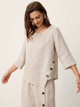 Load image into Gallery viewer, 100% Linen Asymmetric-Hem Button-Trim Top NYLA
