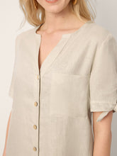 Load image into Gallery viewer, 100% Linen Button-Front Tie Cuff V-Neck Shirt Dress HONORIA
