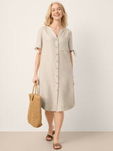 Load image into Gallery viewer, 100% Linen Button-Front Tie Cuff V-Neck Shirt Dress HONORIA
