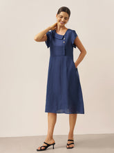 Load image into Gallery viewer, 100% Linen Crescent Collar Flutter Sleeve Midi Dress FIONA
