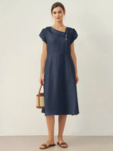 Load image into Gallery viewer, 100% Linen Crescent Collar Flutter Sleeve Midi Dress FIONA
