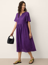 Load image into Gallery viewer, 100% Linen Embroidered Cuff Split Neck Maxi Dress OCTAVIA
