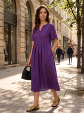 Load image into Gallery viewer, 100% Linen Embroidered Cuff Split Neck Maxi Dress OCTAVIA
