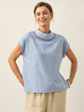 Load image into Gallery viewer, 100% Linen Gingham Checked Cutout Turtleneck Top CAROL
