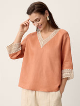 Load image into Gallery viewer, 100% Linen Lace-Trim V-Neck Top KEELY
