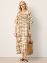 Load image into Gallery viewer, 100% Linen Plaid Deep V-Neck Drop Shoulder Side Slit Maxi Dress LESLIE
