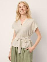 Load image into Gallery viewer, 100% Linen Plaid Detachable Tie-Belt Split-Neck Top LEXIE
