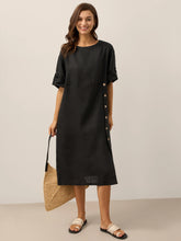Load image into Gallery viewer, 100% Linen Round Neck Button Detail Midi Dress JELENA
