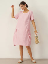 Load image into Gallery viewer, 100% Linen Round Neck Patch Pocket Midi Dress XENA
