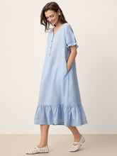 Load image into Gallery viewer, 100% Linen Ruffle-Trim Belted Midi Dress LIVARA
