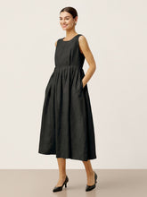 Load image into Gallery viewer, 100% Linen Sleeveless Crew Neck Waist Pleated Maxi Dress SELENE
