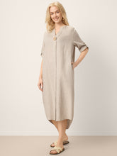 Load image into Gallery viewer, 100% Linen Stand Collar V-Slit Tab Sleeve Maxi Dress LEORA
