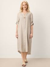 Load image into Gallery viewer, 100% Linen Stand Collar V-Slit Tab Sleeve Maxi Dress LEORA
