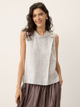 Load image into Gallery viewer, 100% Linen Striped Diagonal Pleat Mock Neck Top ESTHER
