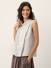 Load image into Gallery viewer, 100% Linen Striped Diagonal Pleat Mock Neck Top ESTHER
