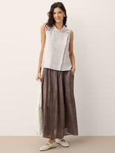 Load image into Gallery viewer, 100% Linen Striped Diagonal Pleat Mock Neck Top ESTHER
