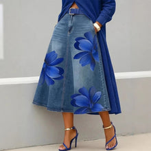 Load image into Gallery viewer, Women's Floral Print A-Line Midi Skirt – Denim-Style Boho Skirt
