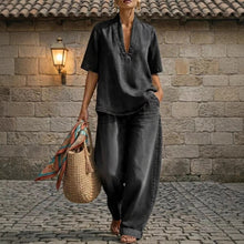 Load image into Gallery viewer, Retro V-Neck Washed Denim Top &amp; Wide-Leg Pants Set – 3 Colors, S–3XL
