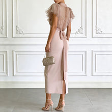 Load image into Gallery viewer, Pink Mesh Lace-Up Waist Two-Piece Dress Set – Elegant Long Skirt &amp; Top

