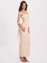 Load image into Gallery viewer, Raizel Gold Beaded Sequin Bodycon Gown with Scarf
