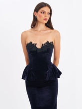 Load image into Gallery viewer, Pascha Black Lace Appliqué Strapless Peplum Midi Dress
