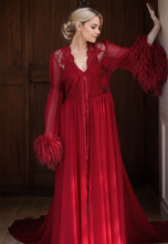 Load image into Gallery viewer, Ethereal Lace &amp; Feather-Trimmed Sheer Bridal Robe – Vintage Luxury Loungewear
