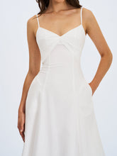 Load image into Gallery viewer, Corinne White Poplin Flared Midi Dress with Removable Bow

