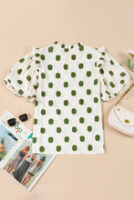 Load image into Gallery viewer, Black Polka Dot Print Smocked Notched Neck Balloon Sleeve Blouse

