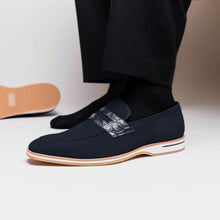 Load image into Gallery viewer, 11-020-NVY MEO 3 Sueded Goatskin Penny Loafer, Navy
