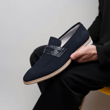 Load image into Gallery viewer, 11-020-NVY MEO 3 Sueded Goatskin Penny Loafer, Navy

