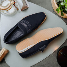 Load image into Gallery viewer, 11-020-NVY MEO 3 Sueded Goatskin Penny Loafer, Navy
