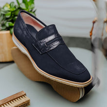 Load image into Gallery viewer, 11-020-NVY MEO 3 Sueded Goatskin Penny Loafer, Navy

