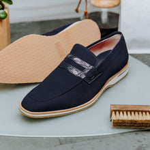 Load image into Gallery viewer, 11-020-NVY MEO 3 Sueded Goatskin Penny Loafer, Navy
