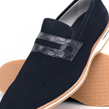 Load image into Gallery viewer, 11-020-NVY MEO 3 Sueded Goatskin Penny Loafer, Navy
