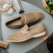 Load image into Gallery viewer, 11-020-TPE MEO 3 Sueded Goatskin Penny Loafer, Taupe
