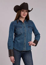 Load image into Gallery viewer, Stetson Leather Collar (Blue) - Women's Denim Shirt

