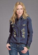 Load image into Gallery viewer, Stetson Floral Embroidery (Blue) - Women's Denim Blouse
