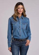 Load image into Gallery viewer, Stetson 2551 Brown Snaps (Blue) - Women's Denim Blouse
